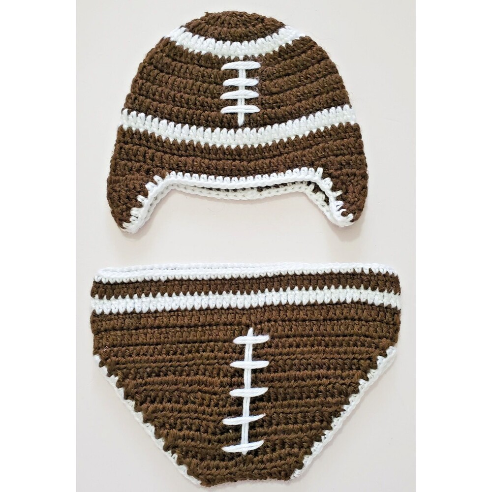 Handmade Crochet Baby Hat & Diaper Cover Football Helmet 0-9 Months Brown White